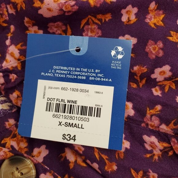 Arizona Jean Co. Womens Floral Button-Down Long Sleeve Top XS Rayon Purple & Win - Picture 3 of 10